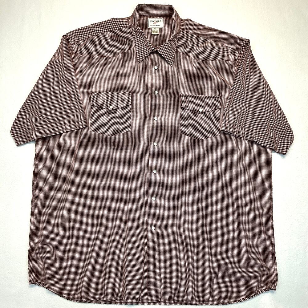Vtg FOX FIRE Sportswear Pearl Snap Shirt Mens 3XT Tall Red Gingham Short Sleeve